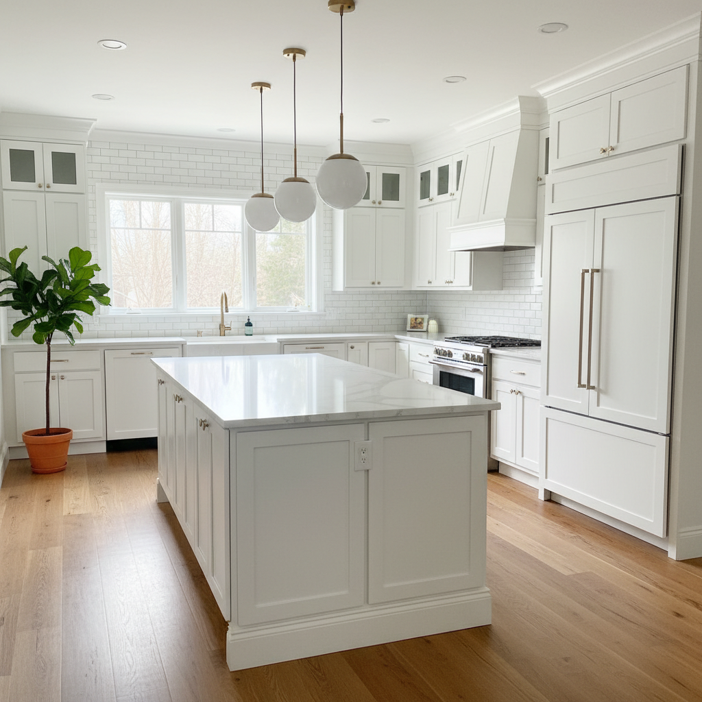 Modern kitchen remodel with white cabinets and quartz countertops