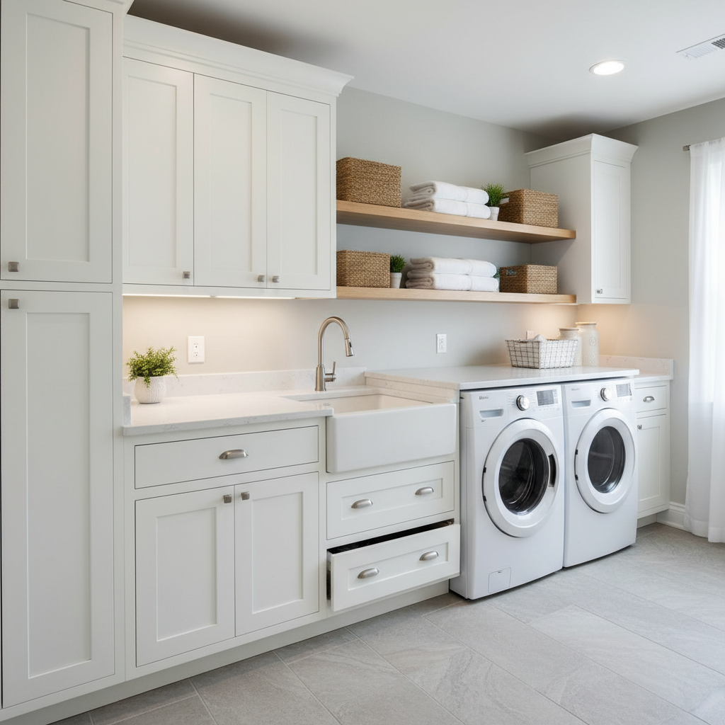 Organized laundry room with custom cabinetry