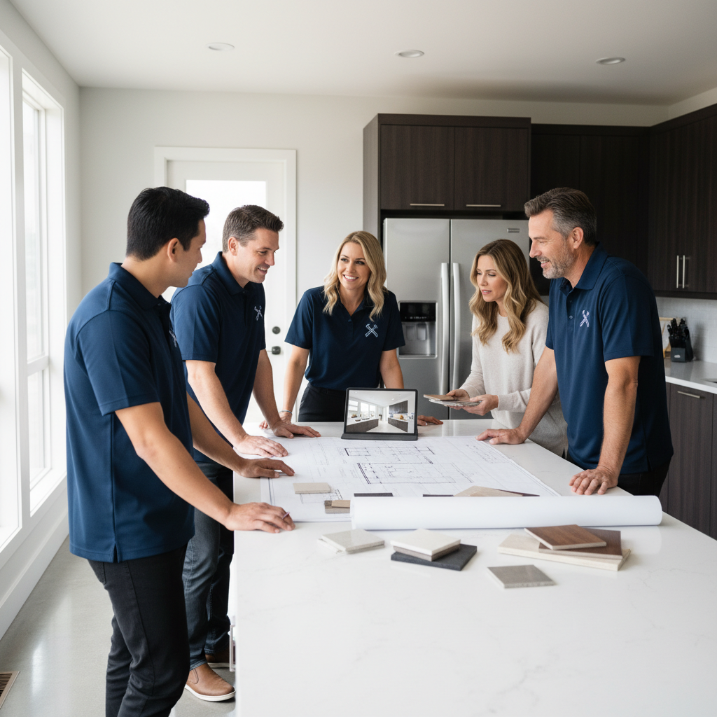 Remodeling team reviewing project plans with homeowners